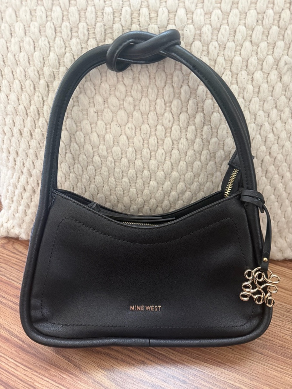 Nine West Black Shoulder Bag with Knotted Handle and Gold Charm